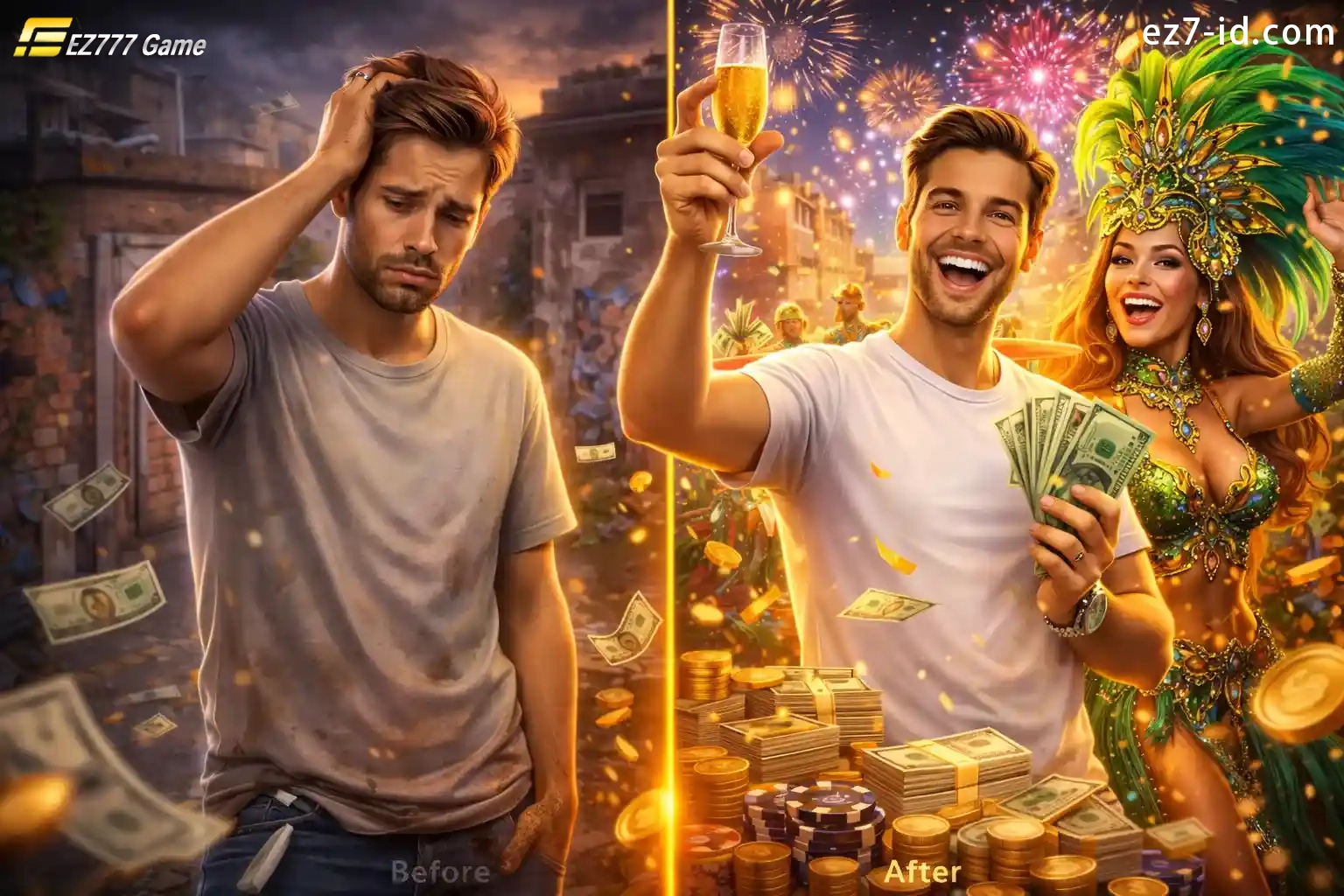 Before and after casino win showing disappointed player turning into happy winner with cash