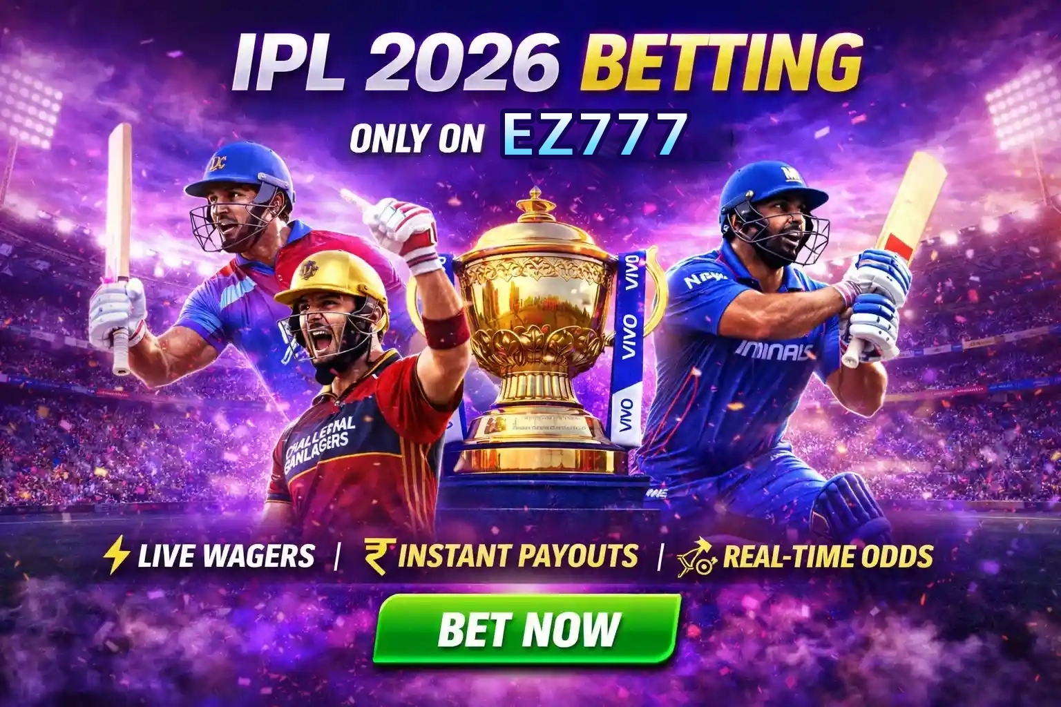 IPL 2026 betting promo with players, trophy and live wager features