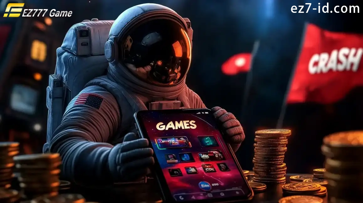 Astronaut in space suit playing crash games on tablet with coins in atmospheric casino setting