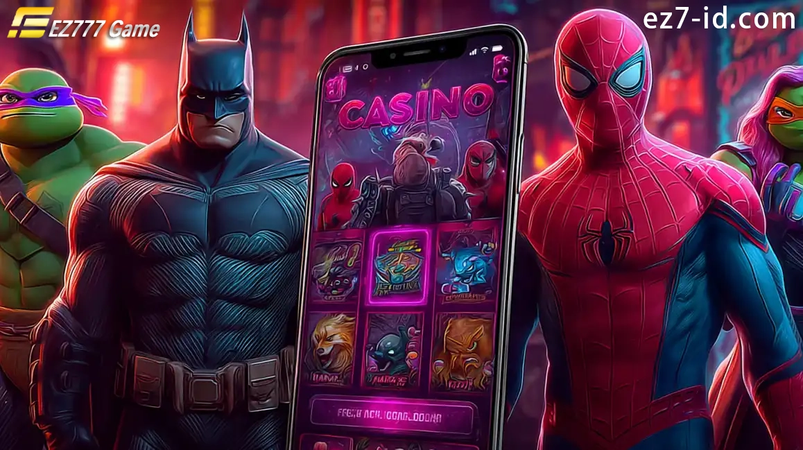 Batman, Spider-Man and Ninja Turtles characters with mobile casino game displaying various slots